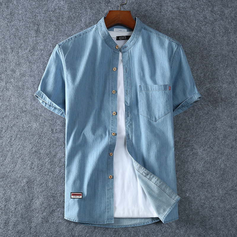 Men's Blue Denim Shirts Short Sleeve Jean Shirts New Summer High Quality Men Cotton Light Blue Denim Shirts Plus size L-8XL thumbnail