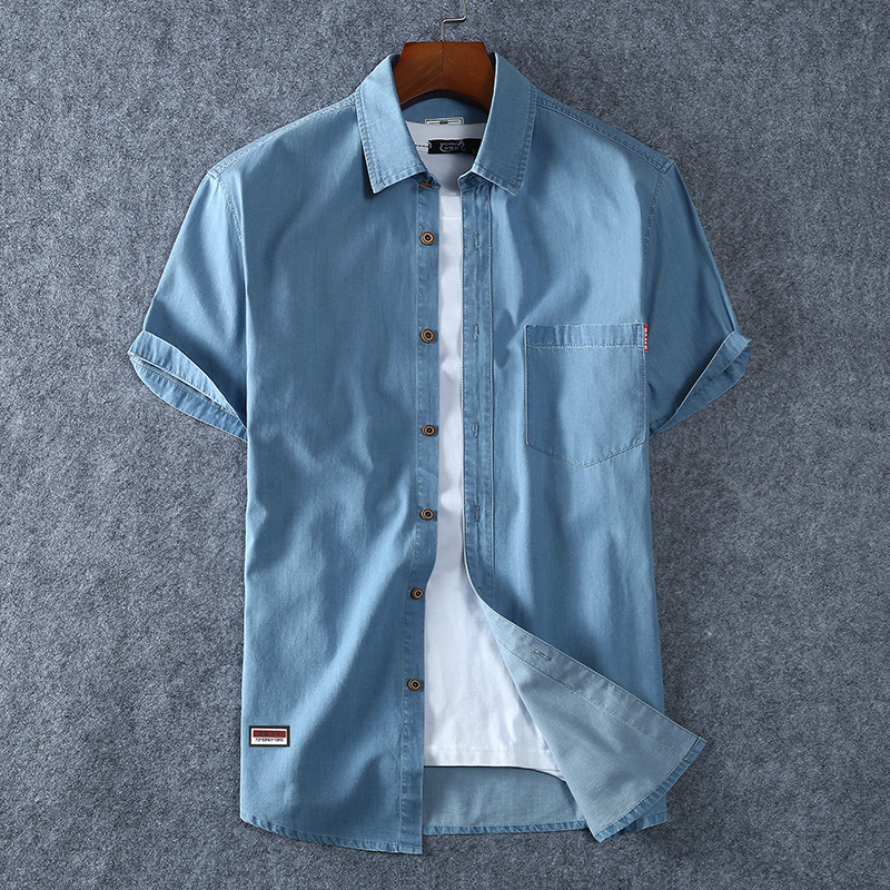 Men's Blue Denim Shirts Short Sleeve Jean Shirts New Summer High Quality Men Cotton Light Blue Denim Shirts Plus size L-8XL thumbnail