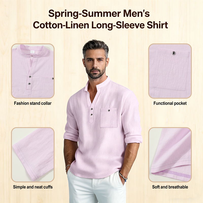 Men's Lightweight Shirts Long Sleeve Henley Cotton Linen Shirts for Male Beach Hawaiian V-neck Top Breathable Polo Shirts top thumbnail