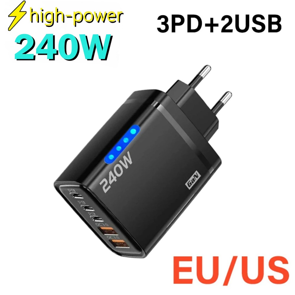 5 Ports USB PD Charger 240W Type C Quick Charge Phone Chargers USB Fast Charging Adapter For iPhone 16 Samsung Xiaomi Huawei