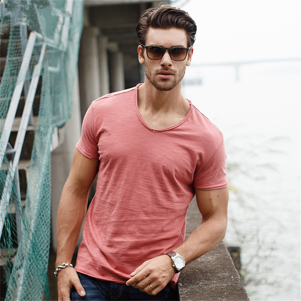 AIOPESON100% Cotton Men T-shirt V-neck Fashion Design Slim Fit Soild T-shirts Male Tops Tees Short Sleeve T Shirt O-neck For Men thumbnail