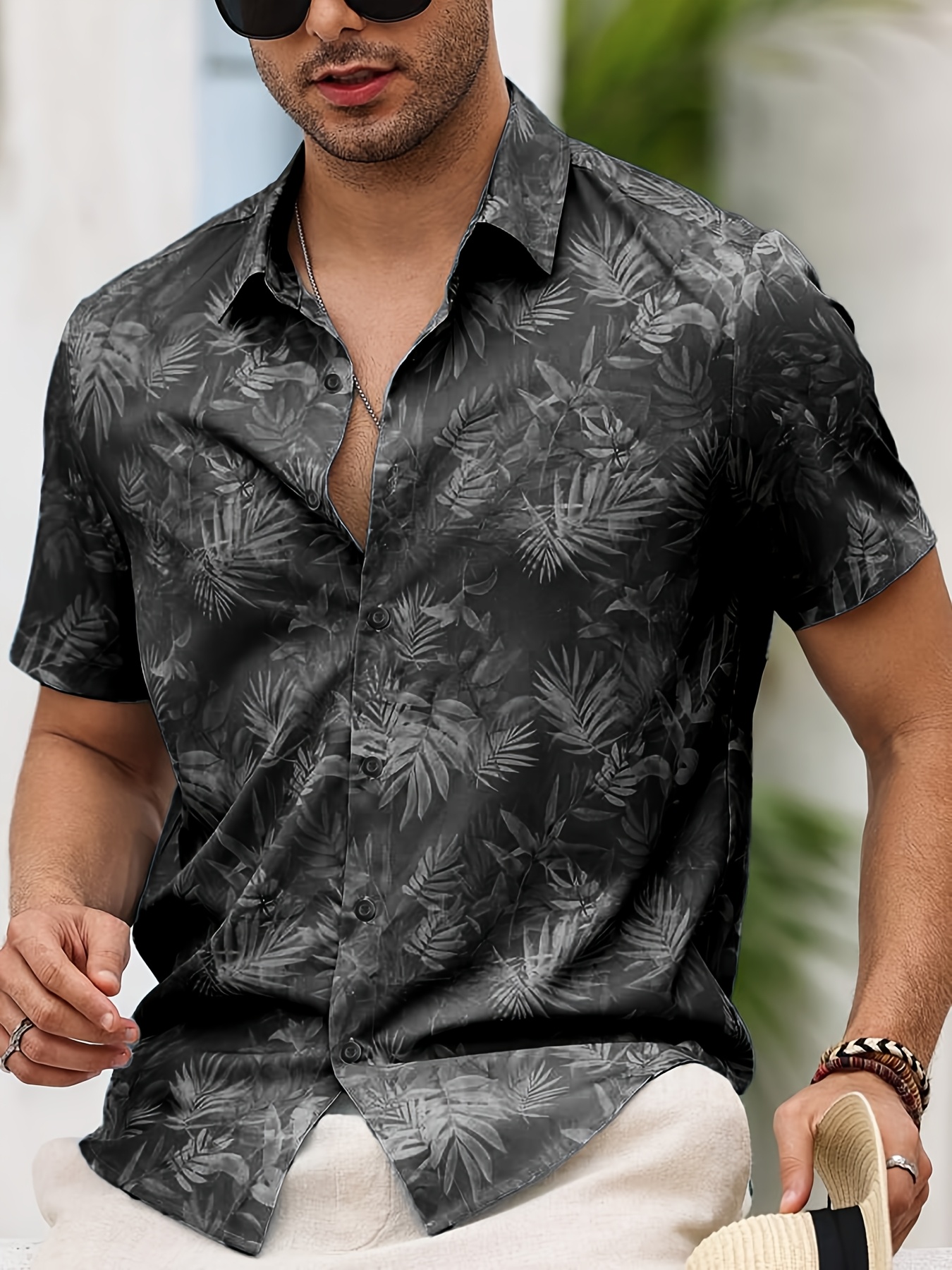 Men's Tropical Palm Leaf Print Short Sleeve Button-Up Shirt Casual Summer Style, Machine Washable, Beach Attire Casual Shirt thumbnail