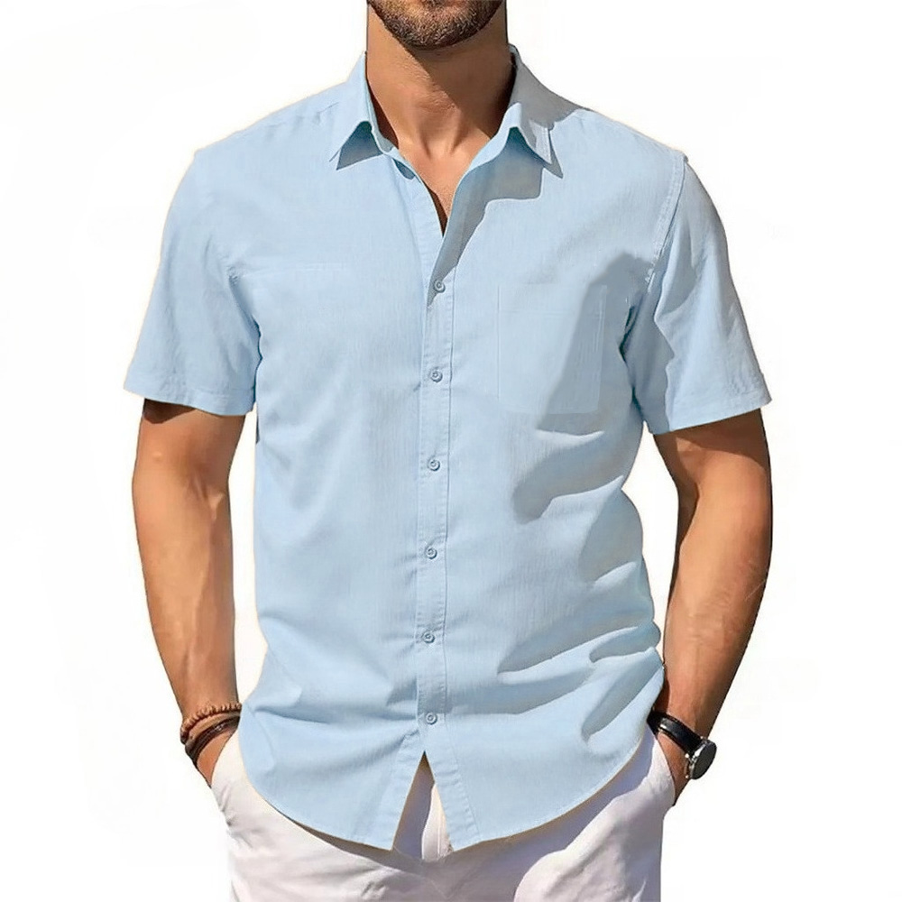 Men's Cotton Linen Shirt Summer Short Sleeve Button Up Hawaiian Lightweight Shirts Vacation Casual Lapel Collar Tops thumbnail