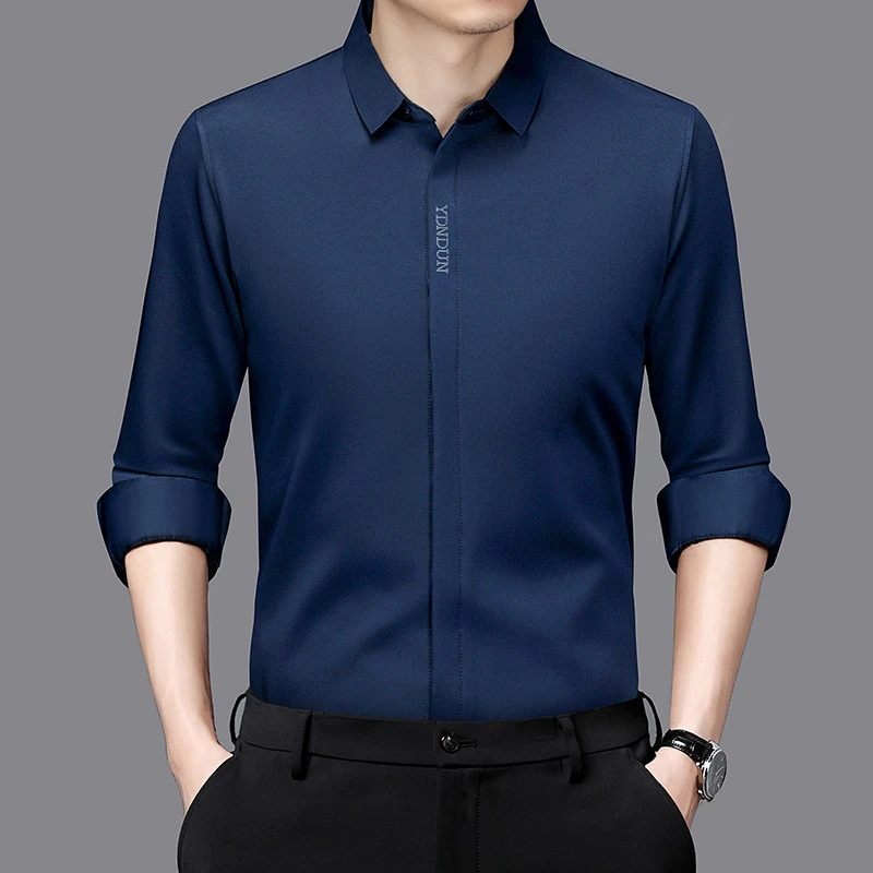 New Men's Business Casual Long Sleeved Solid Color Shirt Wrinkle Resistant Wrinkle Free Comfortable All Season Versatile Top thumbnail