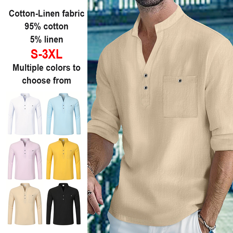 Men's Lightweight Shirts Long Sleeve Henley Cotton Linen Shirts for Male Beach Hawaiian V-neck Top Breathable Polo Shirts top thumbnail