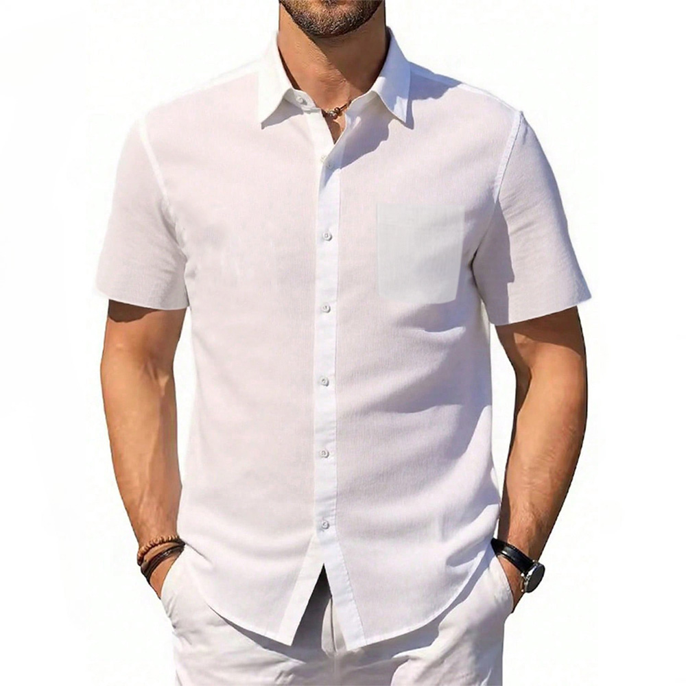 Men's Cotton Linen Shirt Summer Short Sleeve Button Up Hawaiian Lightweight Shirts Vacation Casual Lapel Collar Tops thumbnail