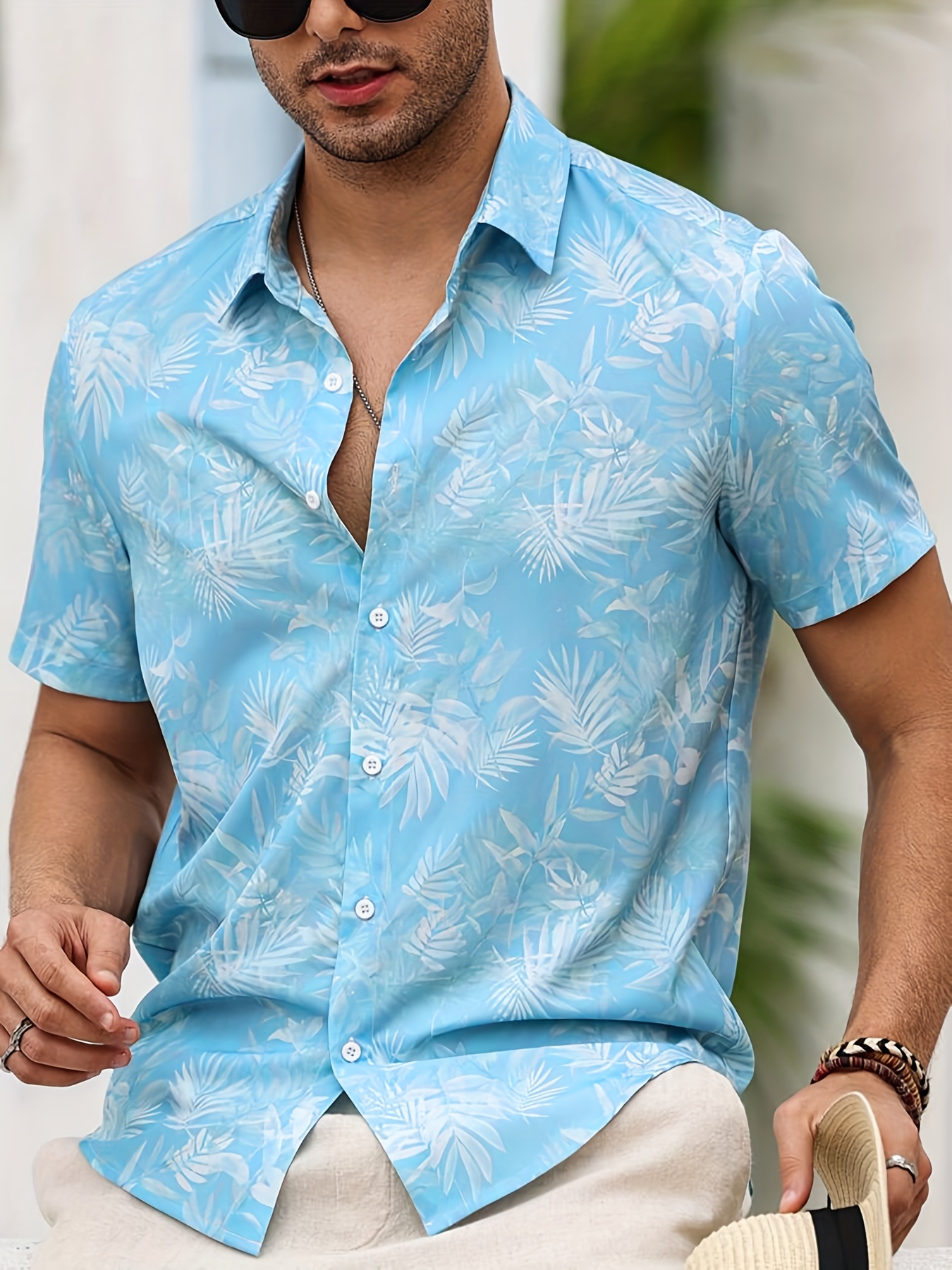 Men's Tropical Palm Leaf Print Short Sleeve Button-Up Shirt Casual Summer Style, Machine Washable, Beach Attire Casual Shirt thumbnail