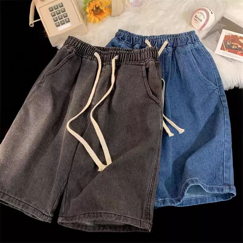 2025 New Korean Style Vintage Men's Jeans Summer Loose Male Wide Leg Knee Length Shorts New Washed Fashion Short Denim Pants thumbnail